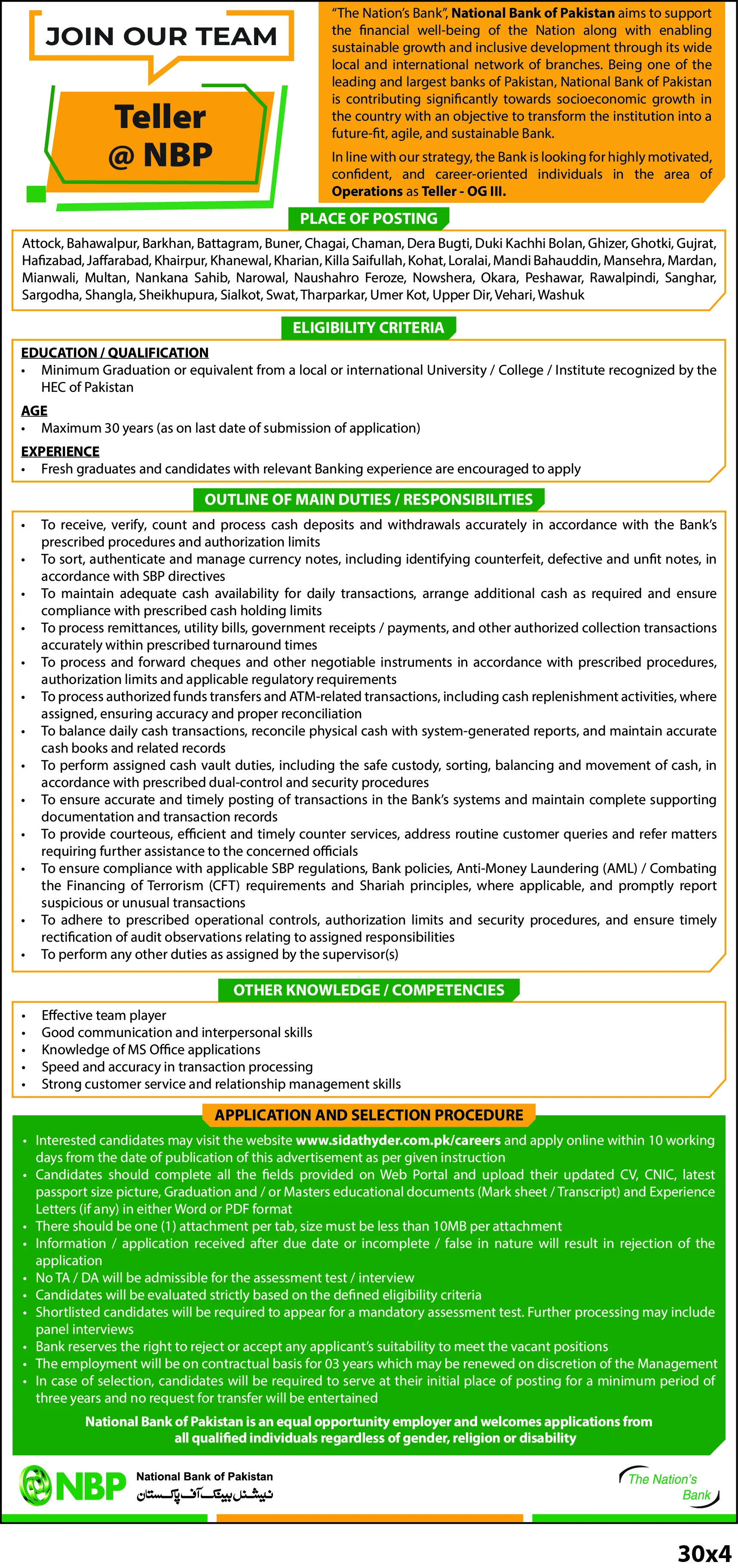 NBP Teller OG-III Jobs 2026 Official Advertisement